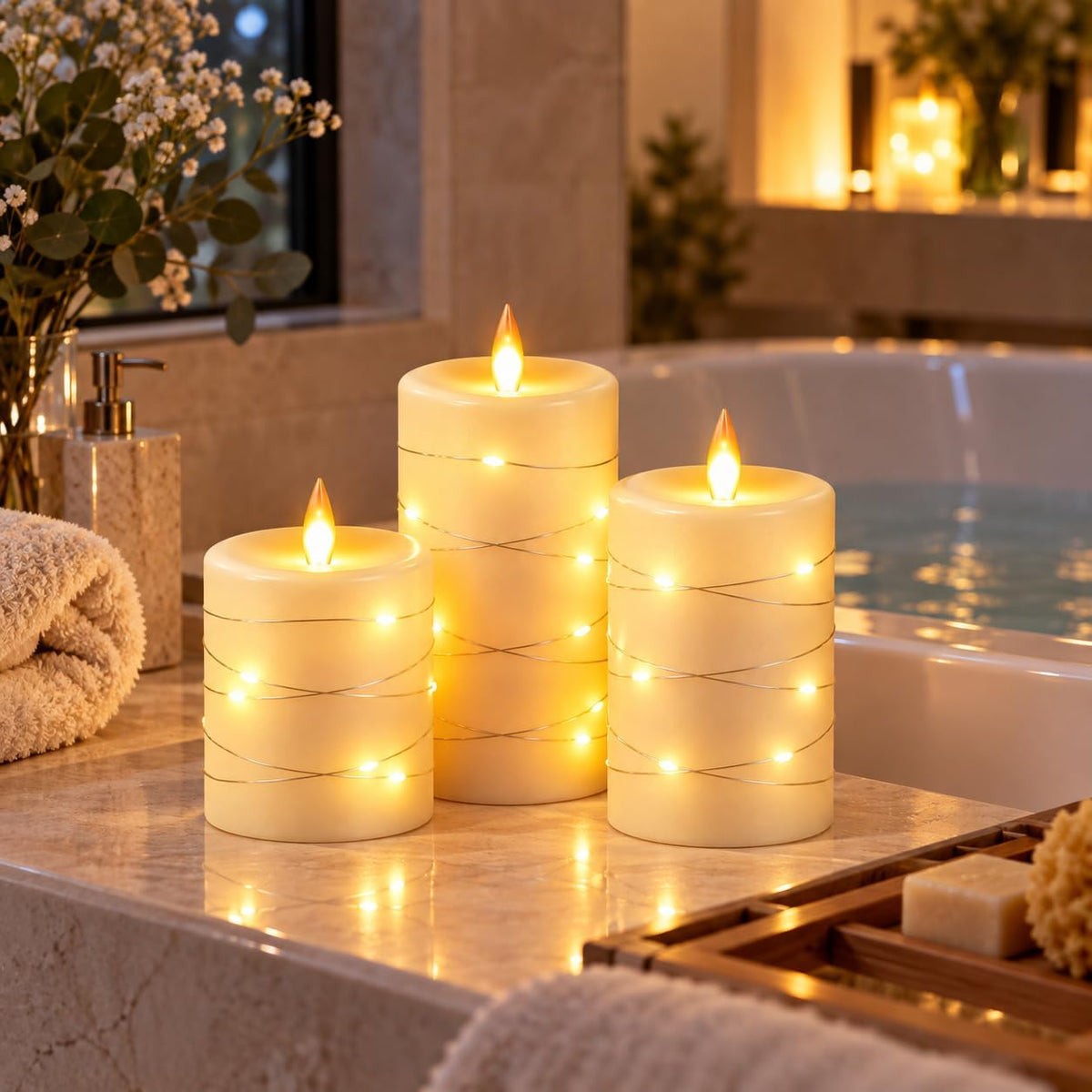 3 Pack Ivory Real Wax Flameless Taper Candles, Lifelike Flickering LED Flame Candles with Surrounding Copper String Lights, Soft Warm Battery Candles with Remote for Home Wedding Holiday Decor