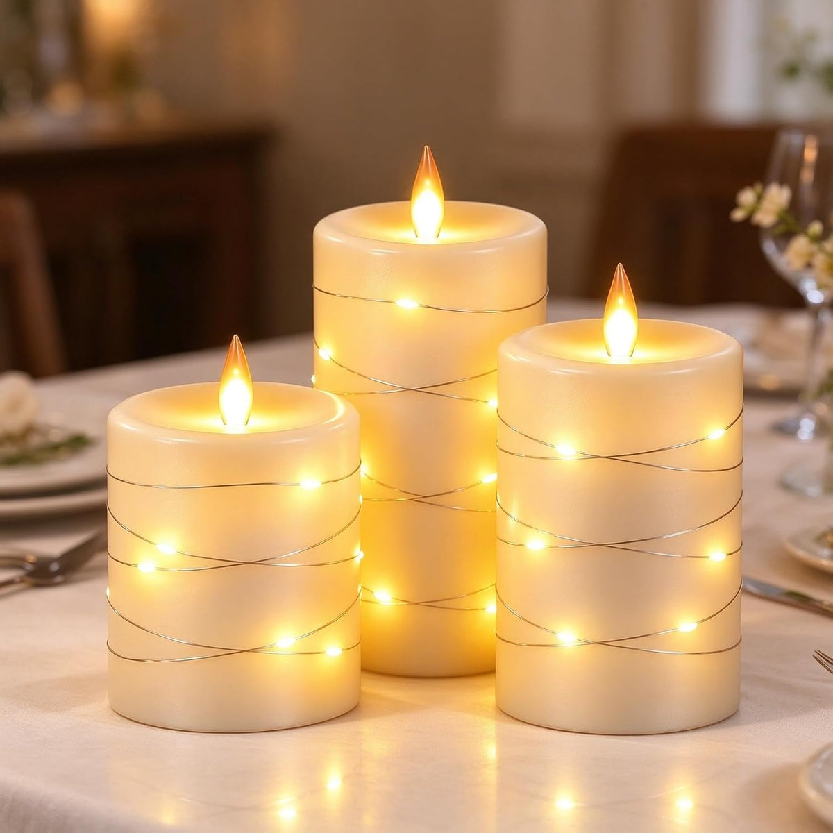 3 Pack Ivory Real Wax Flameless Taper Candles, Lifelike Flickering LED Flame Candles with Surrounding Copper String Lights, Soft Warm Battery Candles with Remote for Home Wedding Holiday Decor