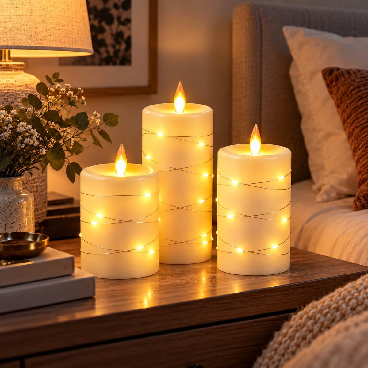 3 Pack Ivory Real Wax Flameless Taper Candles, Lifelike Flickering LED Flame Candles with Surrounding Copper String Lights, Soft Warm Battery Candles with Remote for Home Wedding Holiday Decor